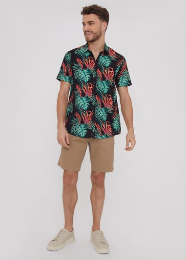 Threadbare Black Cotton Tropical Print Short Sleeve Shirt