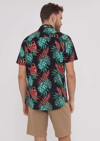 Threadbare Black Cotton Tropical Print Short Sleeve Shirt