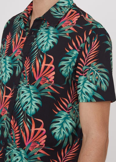 Threadbare Black Cotton Tropical Print Short Sleeve Shirt