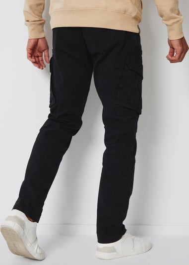 Threadbare Black Cotton Cargo Pocket Trousers With Stretch