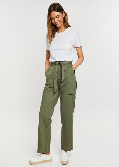 Threadbare Khaki Straight Leg Cotton Mandy Cargo Trousers