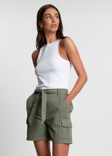 Threadbare Khaki Cotton Smile Belted Cargo Shorts