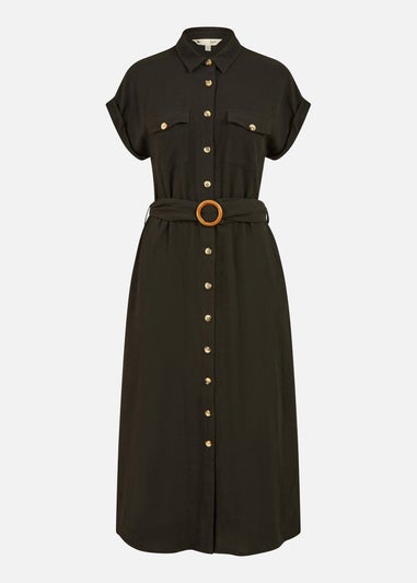 Yumi Black Viscose Linen Look Midi Shirt Dress With Wooden Belt