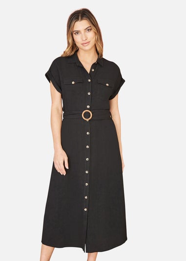 Yumi Black Viscose Linen Look Midi Shirt Dress With Wooden Belt