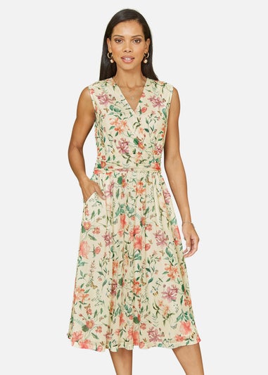 Yumi Ivory Floral Print Mesh Stretch Midi Dress With Pockets