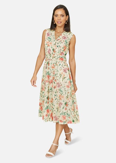 Yumi Ivory Floral Print Mesh Stretch Midi Dress With Pockets