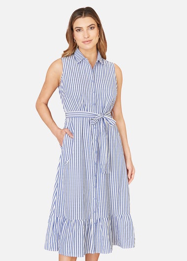 Yumi Blue Striped Sleeveless Midi Shirt Dress