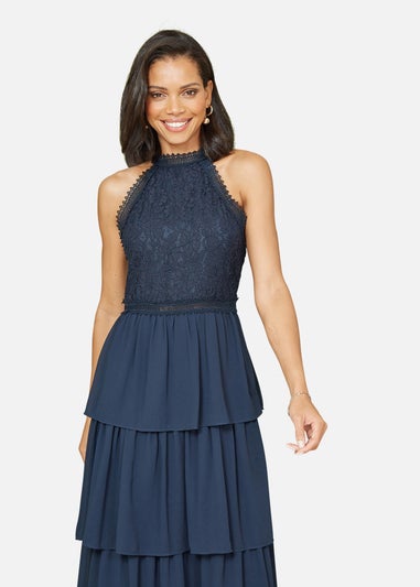 Yumi Navy Lace Halter Neck Midi Dress With Tiered Hem