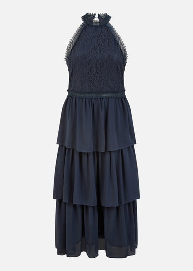 Yumi Navy Lace Halter Neck Midi Dress With Tiered Hem