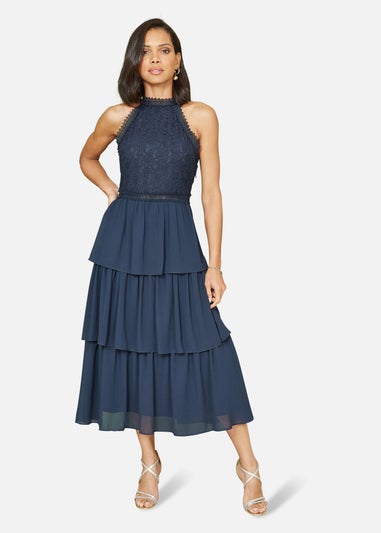 Yumi Navy Lace Halter Neck Midi Dress With Tiered Hem