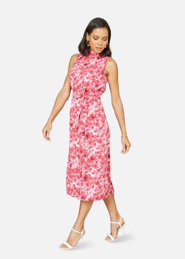 Yumi Pink Blossom Print Halter Neck Midi Dress With Split Hem