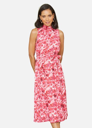 Yumi Pink Blossom Print Halter Neck Midi Dress With Split Hem