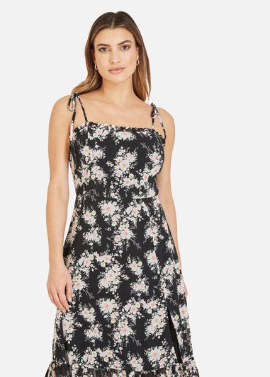 Yumi Black Floral Midi Sundress With Split Hem