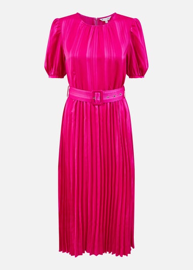 Yumi Pink Satin Striped Midi Dress With Pleats and Matching Belt