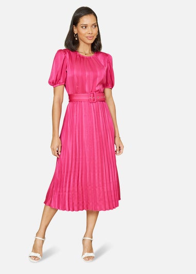 Yumi Pink Satin Striped Midi Dress With Pleats and Matching Belt