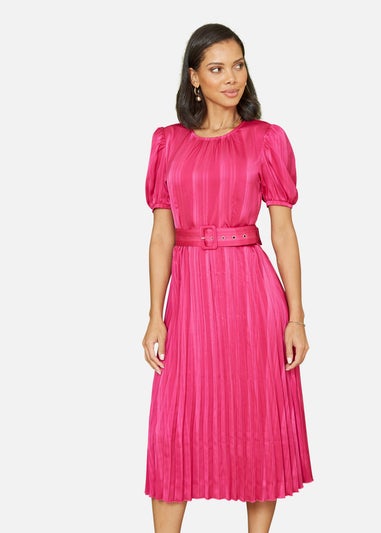 Yumi Pink Satin Striped Midi Dress With Pleats and Matching Belt