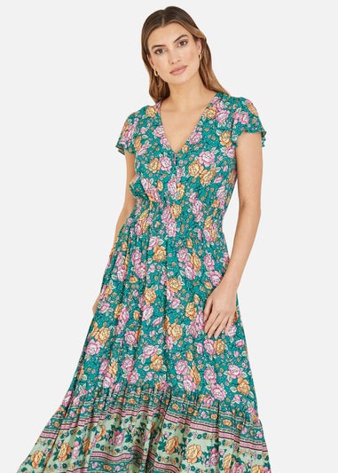 Yumi Green Festival Floral Print Ruched Waist Maxi Dress