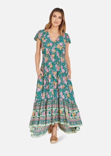 Yumi Green Festival Floral Print Ruched Waist Maxi Dress