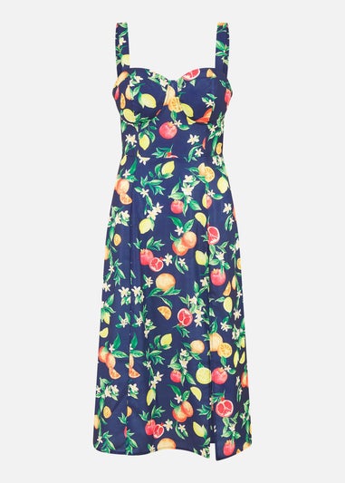 Yumi Navy Fruit Print Strappy Sundress With Front Split