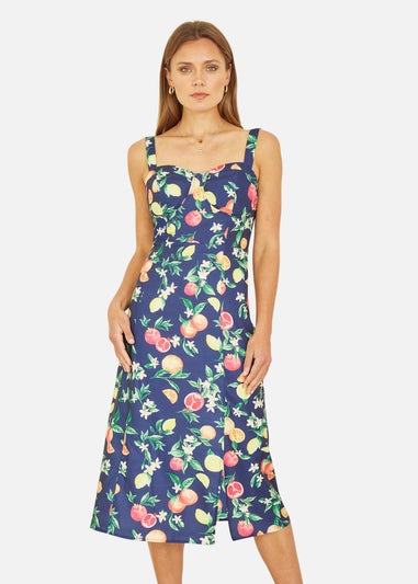 Yumi Navy Fruit Print Strappy Sundress With Front Split