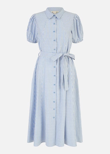 Yumi Blue Cotton Striped Midi Shirt Dress