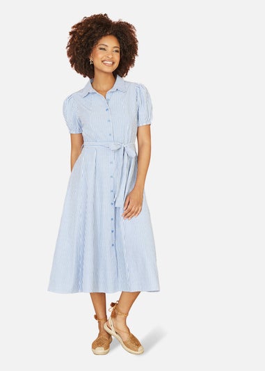 Yumi Blue Cotton Striped Midi Shirt Dress