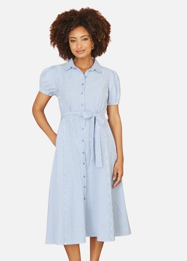 Yumi Blue Cotton Striped Midi Shirt Dress