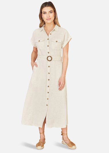 Yumi Stone Viscose Linen Look Midi Shirt Dress With Wooden Belt