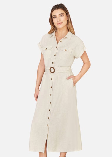 Yumi Stone Viscose Linen Look Midi Shirt Dress With Wooden Belt