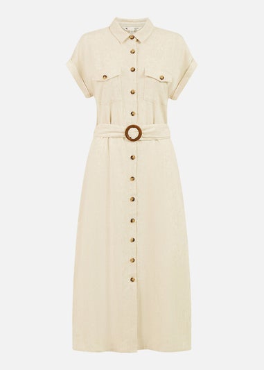 Yumi Stone Viscose Linen Look Midi Shirt Dress With Wooden Belt