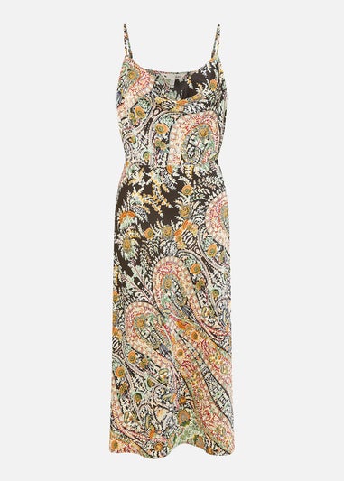 Yumi Black Paisley Print Cowl Satin Slip Midi Dress