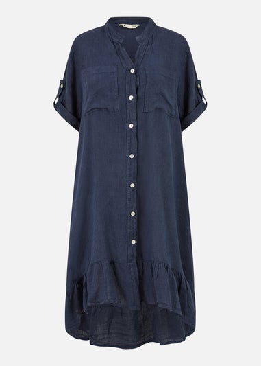 Yumi Navy Italian Linen Shirt Dress With Frill Hem