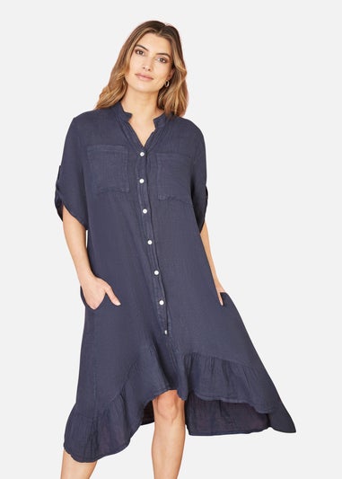 Yumi Navy Italian Linen Shirt Dress With Frill Hem