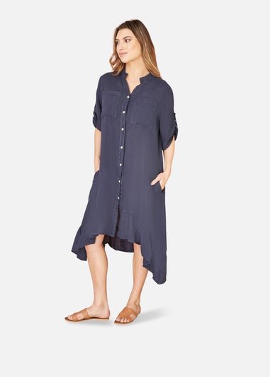 Yumi Navy Italian Linen Shirt Dress With Frill Hem