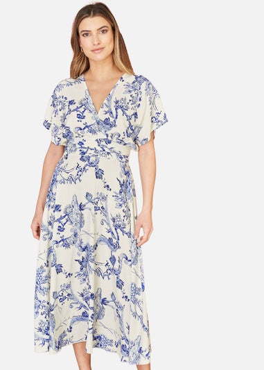 Yumi Blue And White Print Ruched Waist Kimono Midi Dress