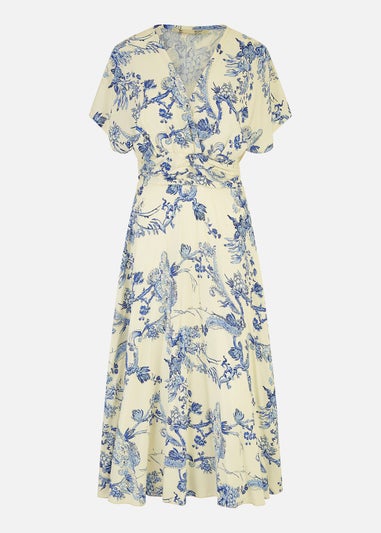 Yumi Blue And White Print Ruched Waist Kimono Midi Dress