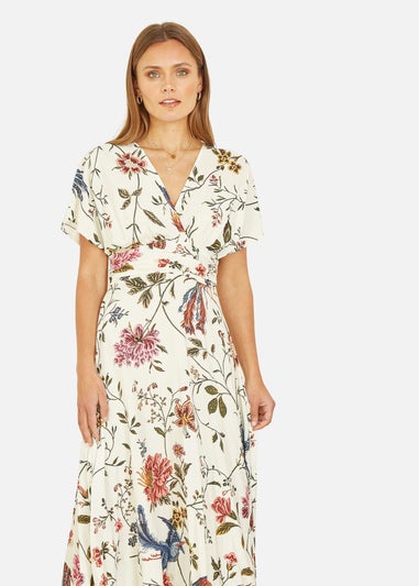 Yumi Ivory Bird and Floral Print Ruched Waist Kimono Midi Dress