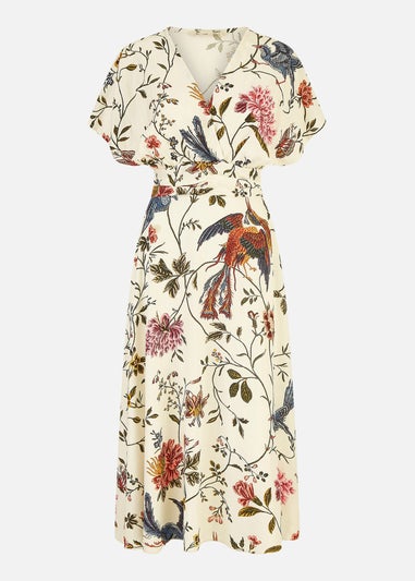 Yumi Ivory Bird and Floral Print Ruched Waist Kimono Midi Dress