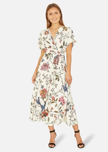 Yumi Ivory Bird and Floral Print Ruched Waist Kimono Midi Dress