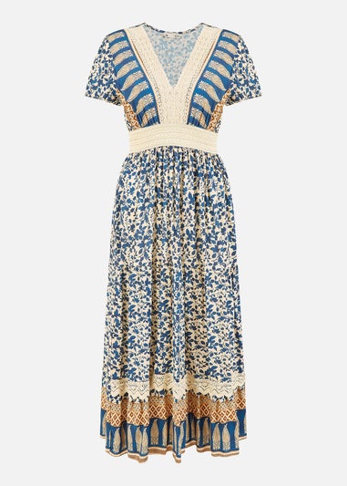 Yumi Navy Viscose Leaf Print Maxi Dress With Lace Trim