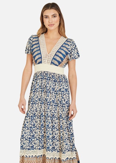 Yumi Navy Viscose Leaf Print Maxi Dress With Lace Trim