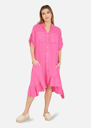 Yumi Pink Italian Linen Shirt Dress With Frill Hem