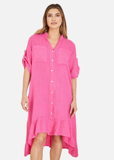 Yumi Pink Italian Linen Shirt Dress With Frill Hem