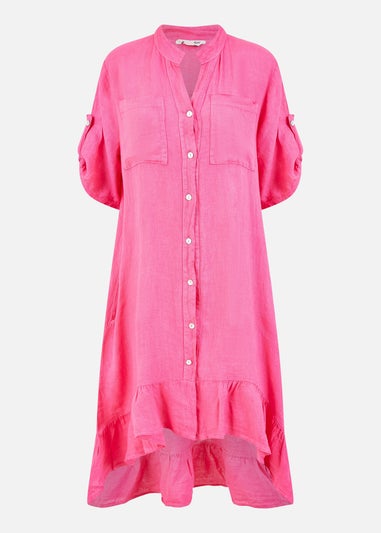 Yumi Pink Italian Linen Shirt Dress With Frill Hem