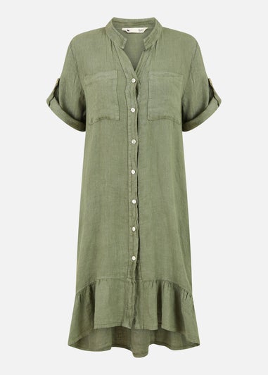 Yumi Khaki Italian Linen Shirt Dress With Frill Hem