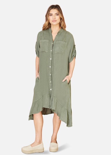 Yumi Khaki Italian Linen Shirt Dress With Frill Hem