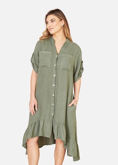 Yumi Khaki Italian Linen Shirt Dress With Frill Hem