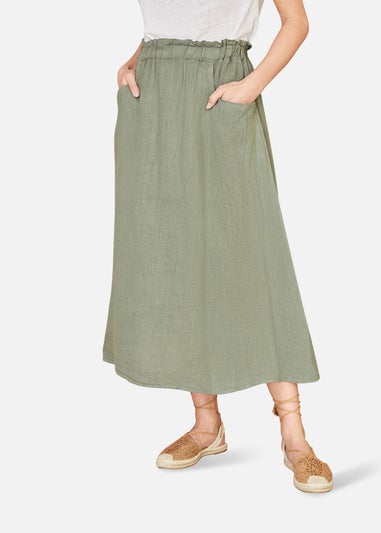 Yumi Khaki Italian Linen Midi Skirt With Pockets