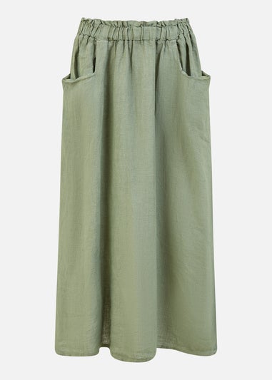 Yumi Khaki Italian Linen Midi Skirt With Pockets