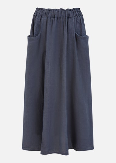 Yumi Navy Italian Linen Midi Skirt With Pockets